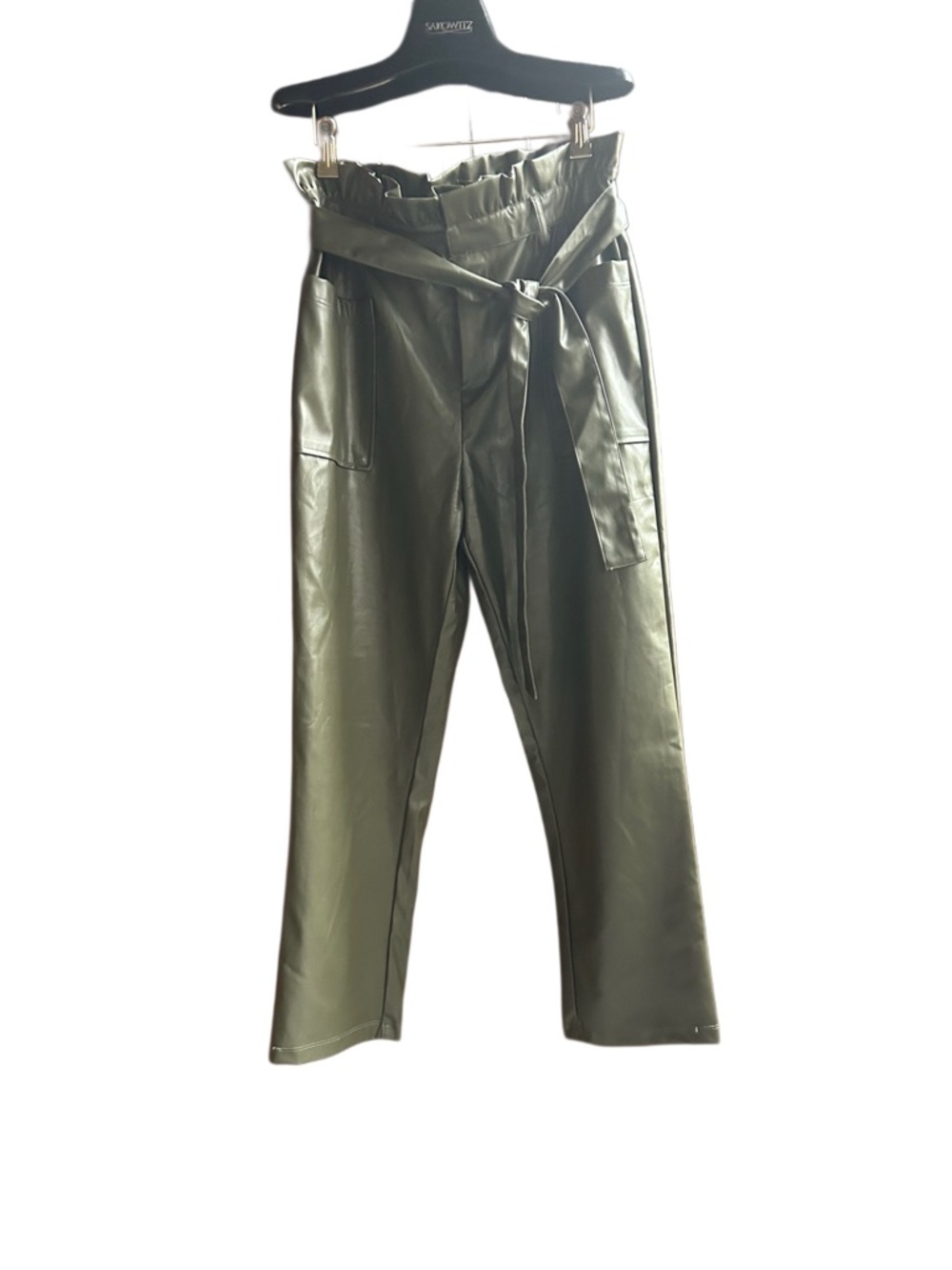 NWOT! Jodifl Faux Leather Paper Bag Straight Leg Pants in Army Green, size S